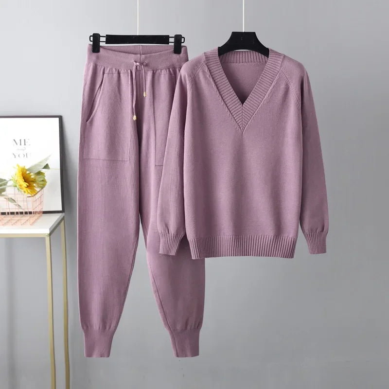 Eva I Damen Strickset V-Ausschnitt Pullover & Hose Freizeit Komfort