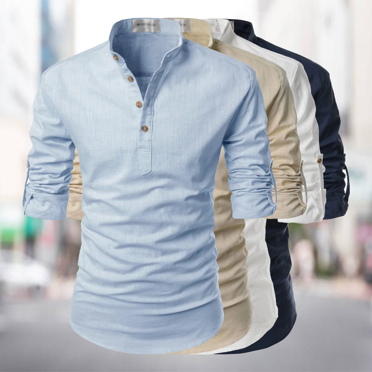 Herren Sommerhemd Regular Fit Freizeit Langarm Stehkragen