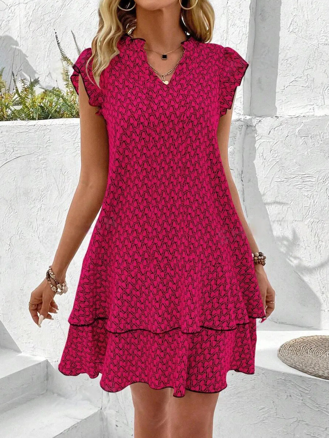 Damen Mini Kleid Relaxed Fit Freizeit mit Stufenvolants