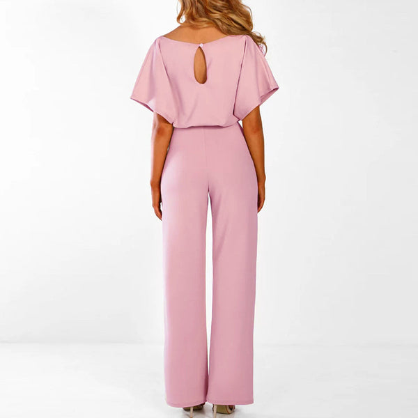 Damen Jumpsuit Tailliert Weit Bein Kurzarm Casual Sommer