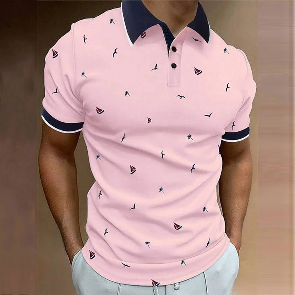 Herren Polo-Shirt Regular Fit Freizeit mit Segelboot-Muster