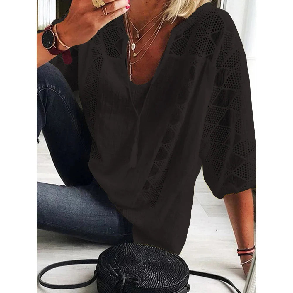 Damen Sommerbluse Relaxed Fit Sommer Freizeit mit Spitze