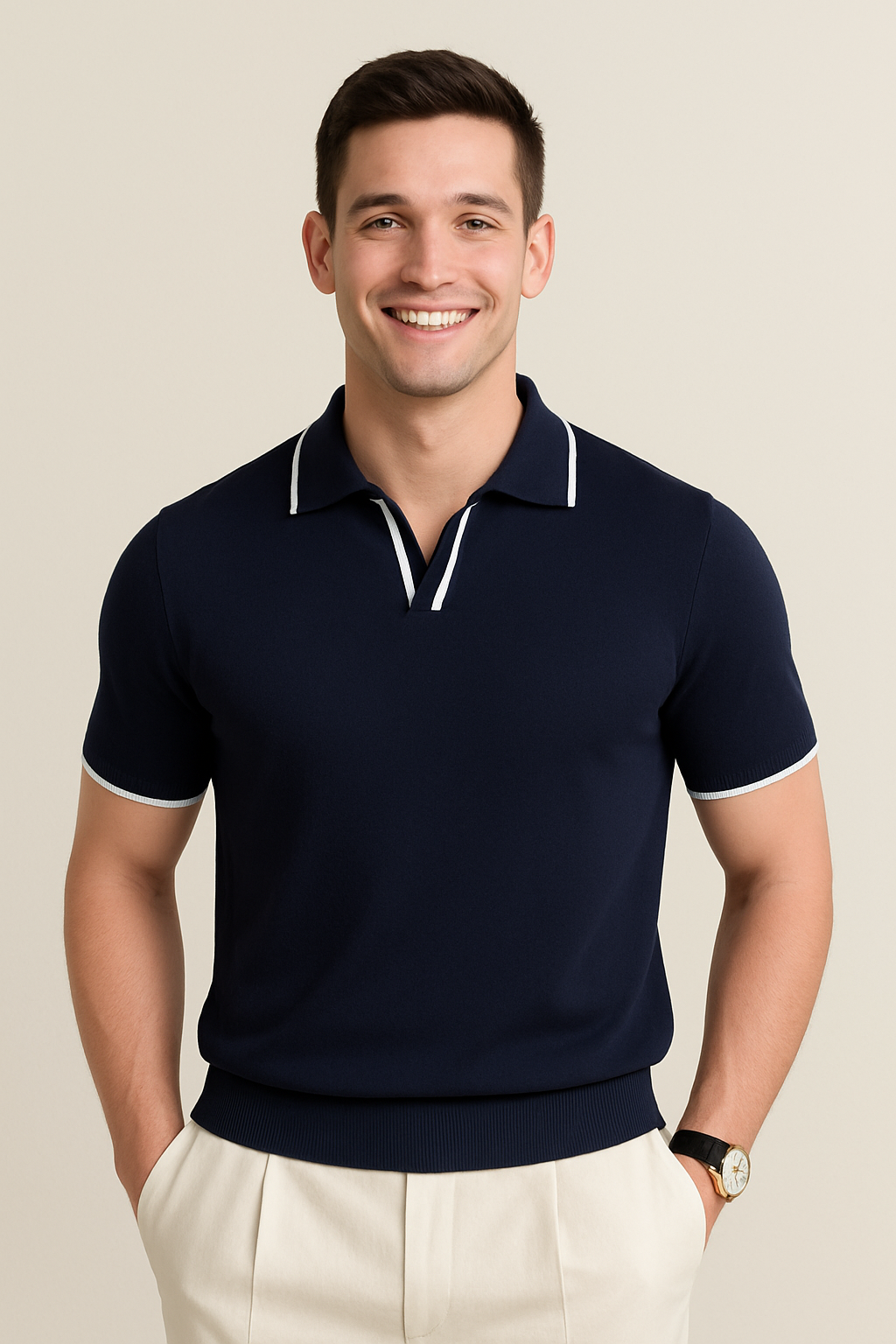 Herren Slim Fit Kurzarm Strickpolo Casual Freizeit