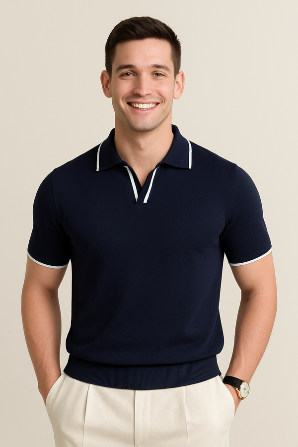 Herren Slim Fit Kurzarm Strickpolo Casual Freizeit