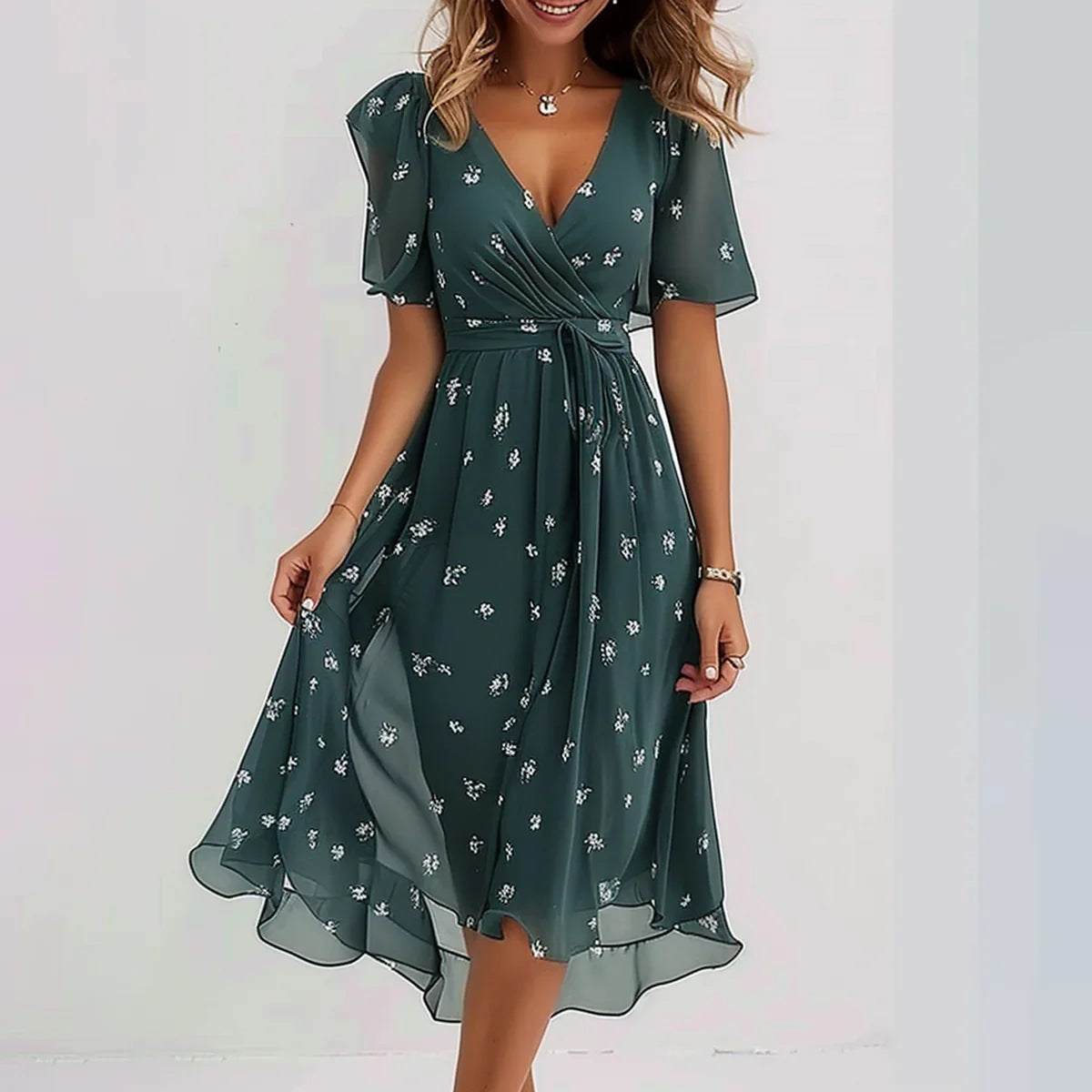 Damen Sommerkleid Wickeloptik Taillenbetont Freizeit