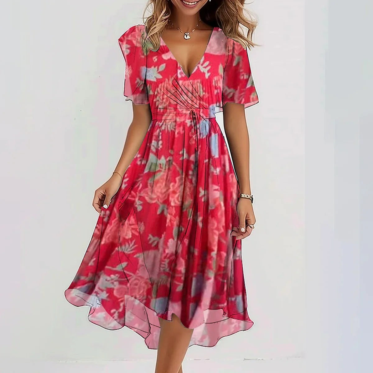 Damen Sommerkleid Wickeloptik Taillenbetont Freizeit