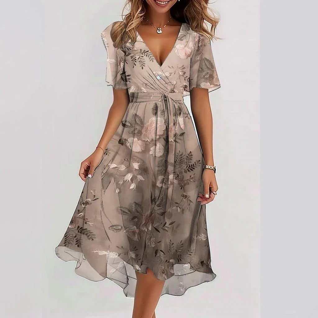 Damen Sommerkleid Wickeloptik Taillenbetont Freizeit