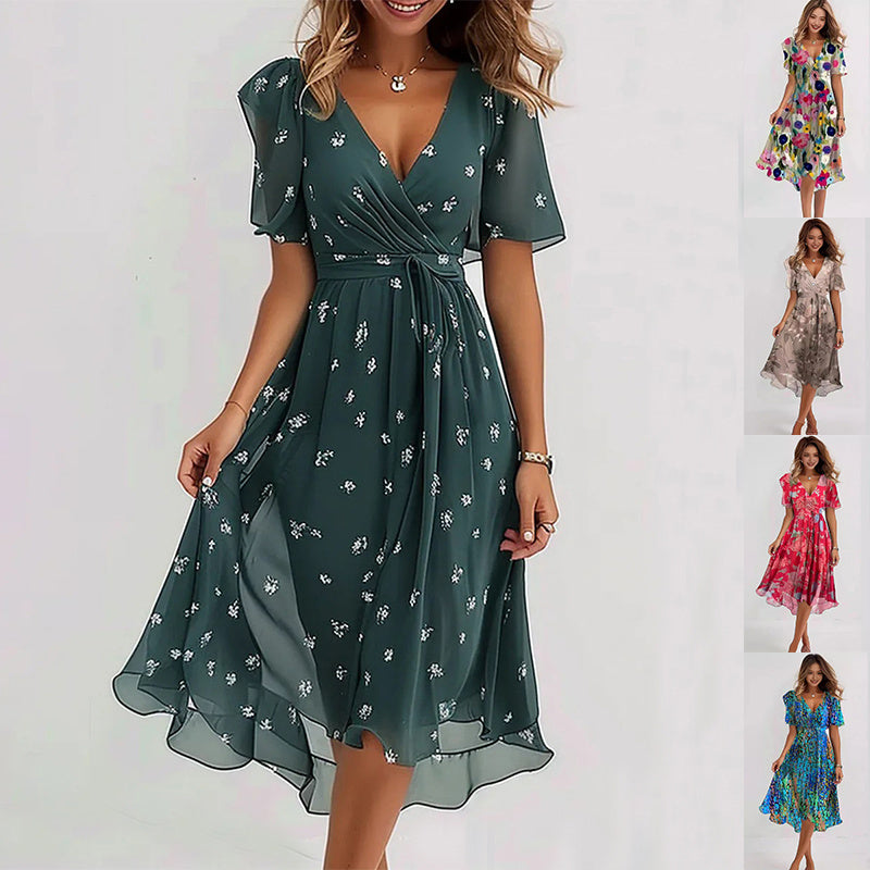Damen Sommerkleid Wickeloptik Taillenbetont Freizeit