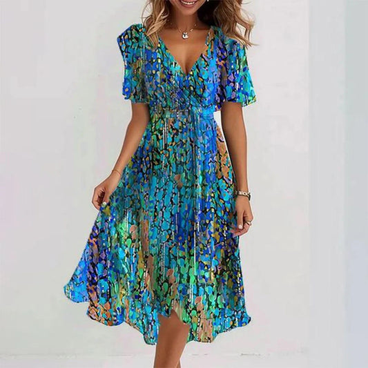 Damen Sommerkleid Wickeloptik Taillenbetont Freizeit