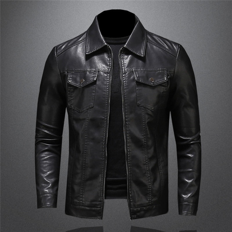 Lederjacke Herren – Slim Fit Übergangsjacke mit Reißverschluss Schwarz