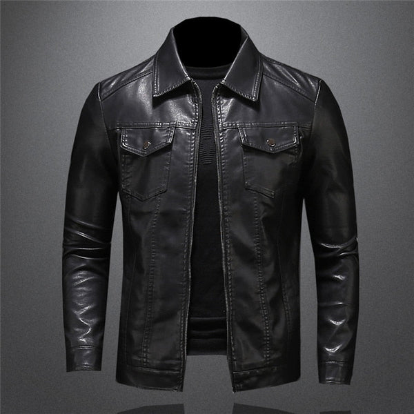 Lederjacke Herren – Slim Fit Übergangsjacke mit Reißverschluss Schwarz