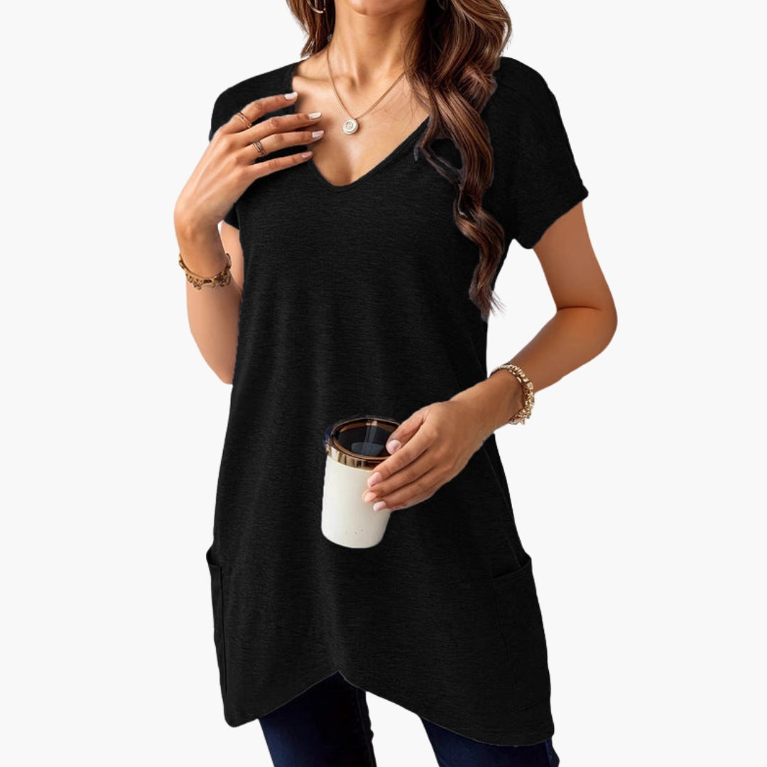 Damen T-Shirt V-Ausschnitt Regular Fit Freizeit mit Seitentaschen
