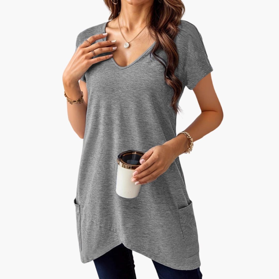 Damen T-Shirt V-Ausschnitt Regular Fit Freizeit mit Seitentaschen