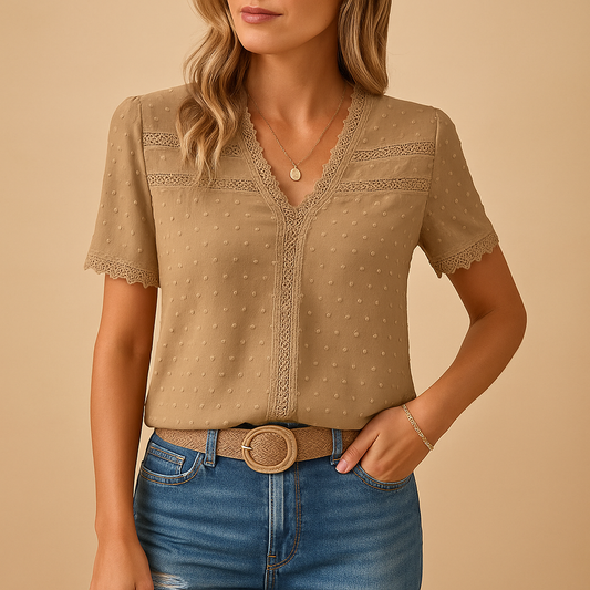 Damen Spitzenbluse Slim Fit V-Ausschnitt Elegant für Arbeit & Anlässe