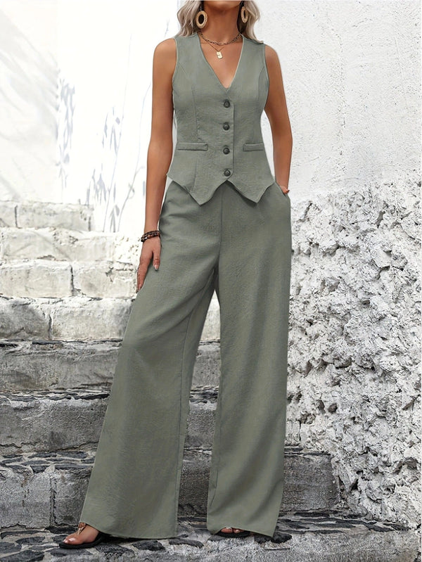 Damen Zweiteiler Slim Fit Elegant Weste & weite Hose