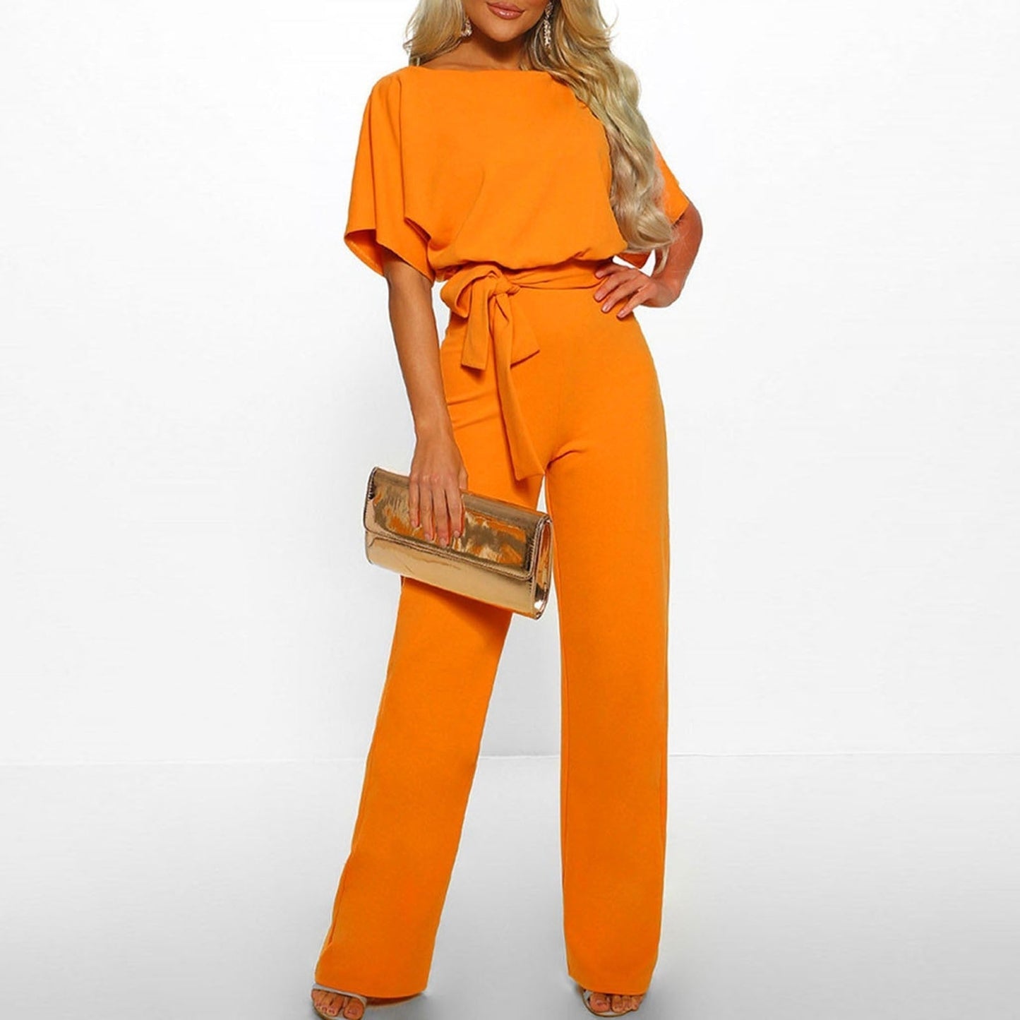 Damen Jumpsuit Tailliert Weit Bein Kurzarm Casual Sommer