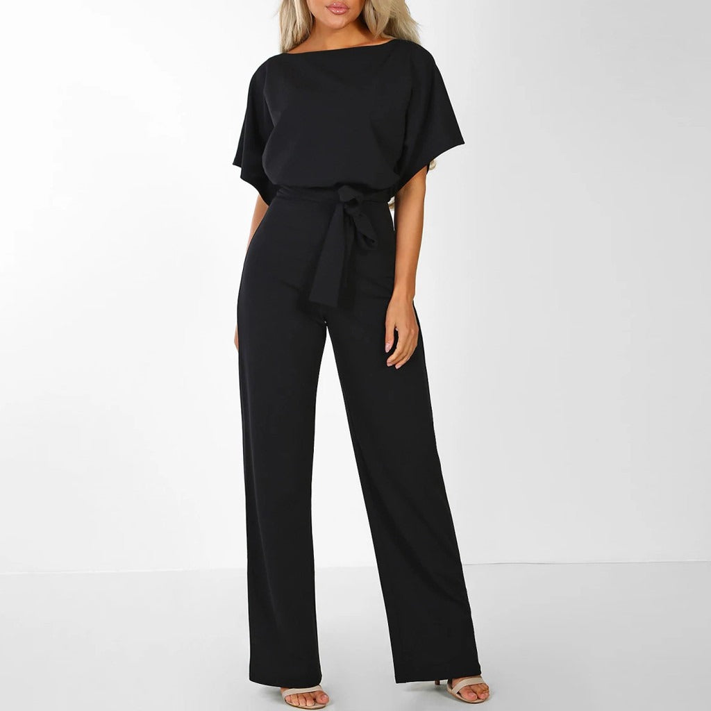 Damen Jumpsuit Tailliert Weit Bein Kurzarm Casual Sommer