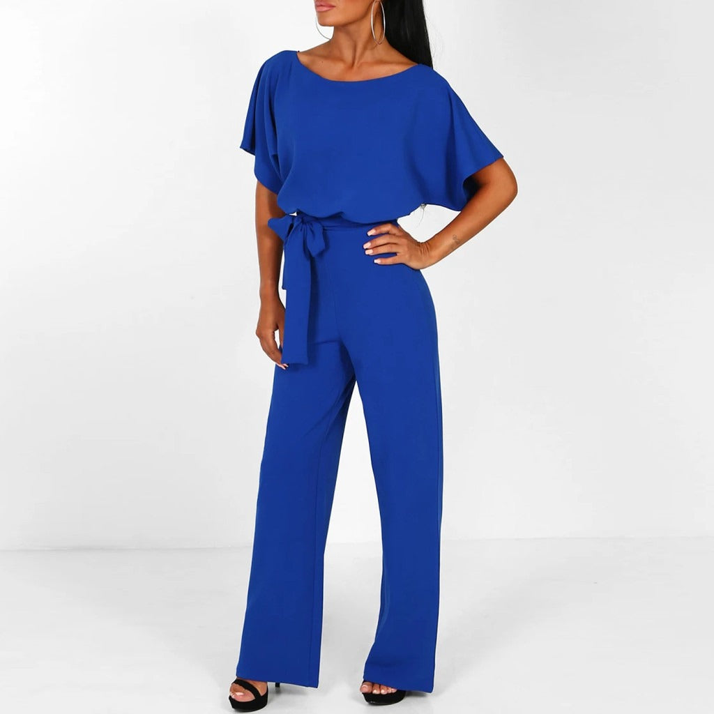 Damen Jumpsuit Tailliert Weit Bein Kurzarm Casual Sommer