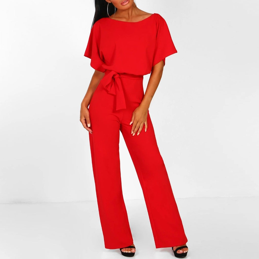 Damen Jumpsuit Tailliert Weit Bein Kurzarm Casual Sommer
