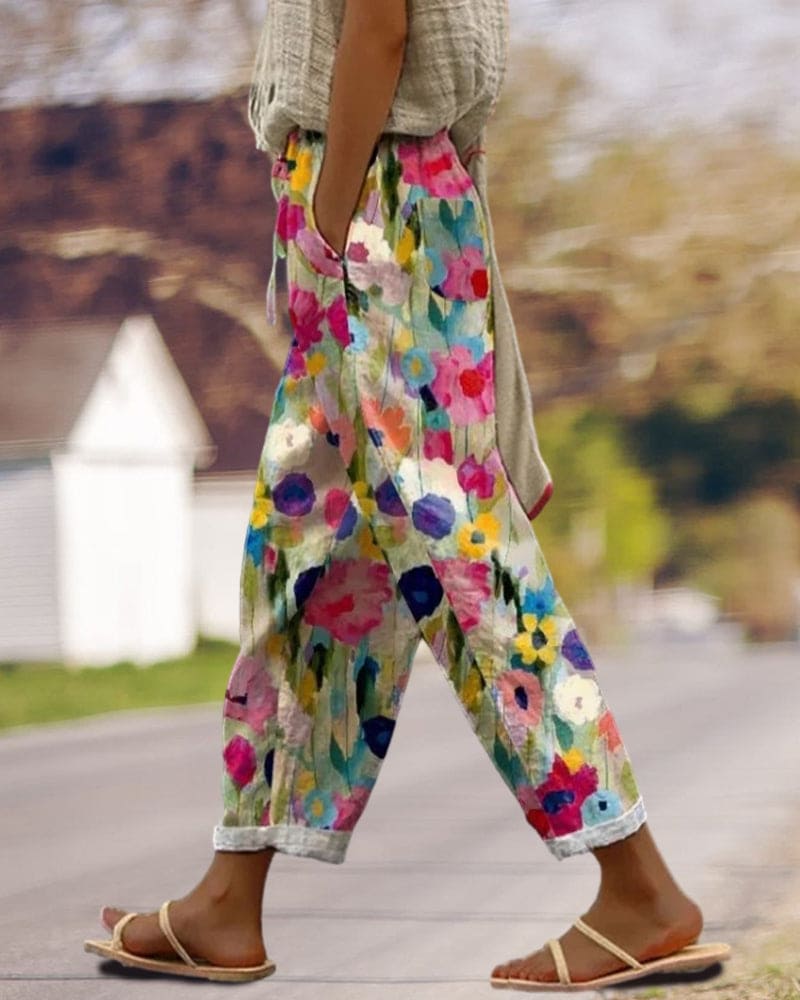 Damen Hose Blumenprint Relaxed Fit Freizeit mit Taschen