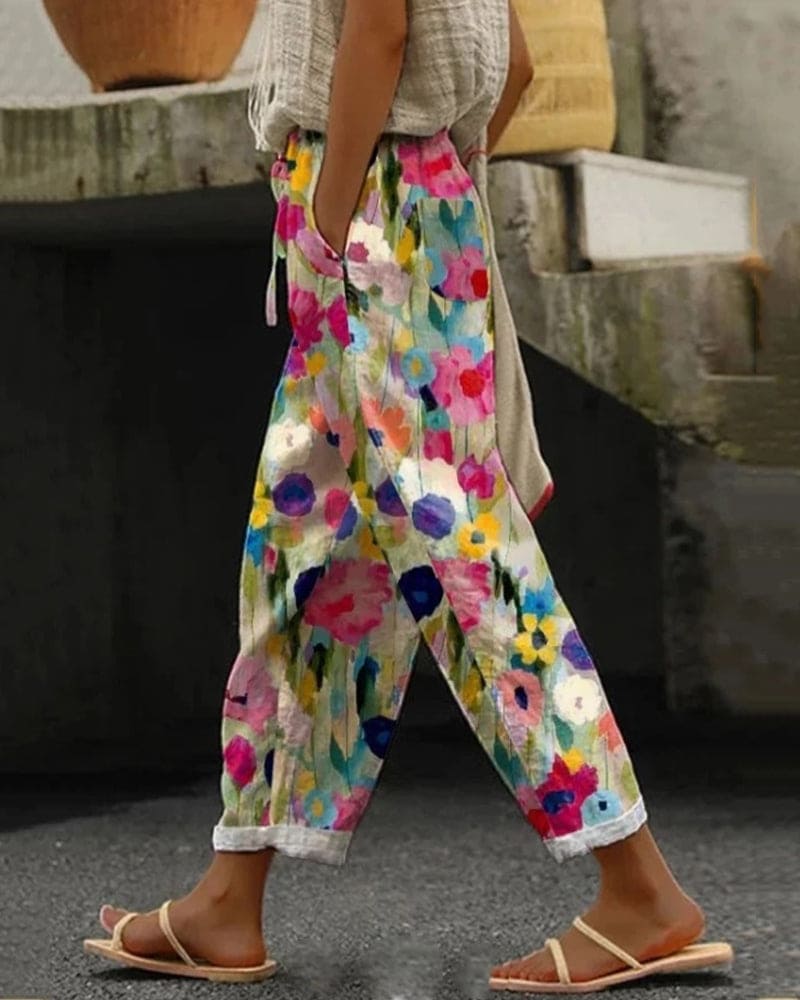 Damen Hose Blumenprint Relaxed Fit Freizeit mit Taschen
