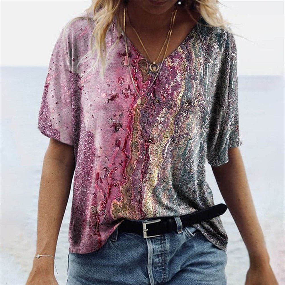 Damen T-Shirt Relaxed Fit Freizeit Boho Marmormuster