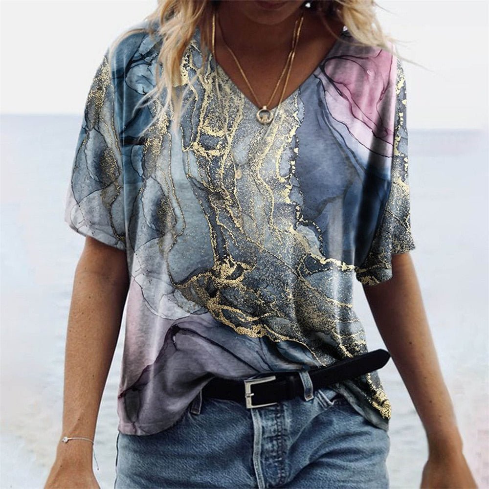 Damen T-Shirt Relaxed Fit Freizeit Boho Marmormuster