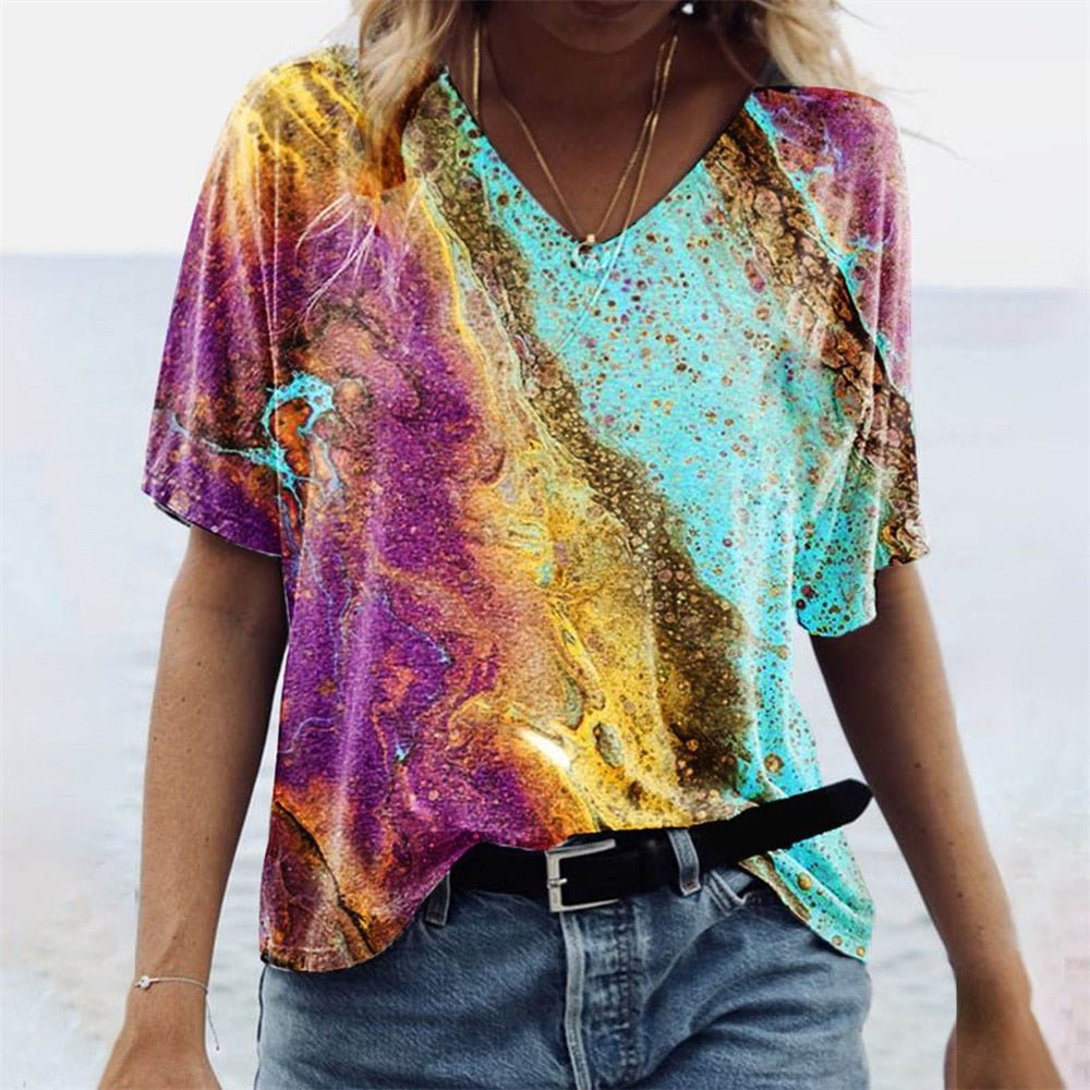 Damen T-Shirt Relaxed Fit Freizeit Boho Marmormuster