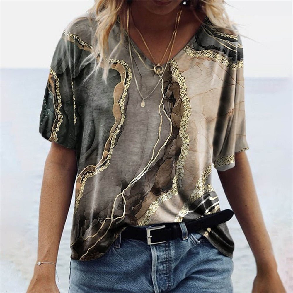 Damen T-Shirt Relaxed Fit Freizeit Boho Marmormuster