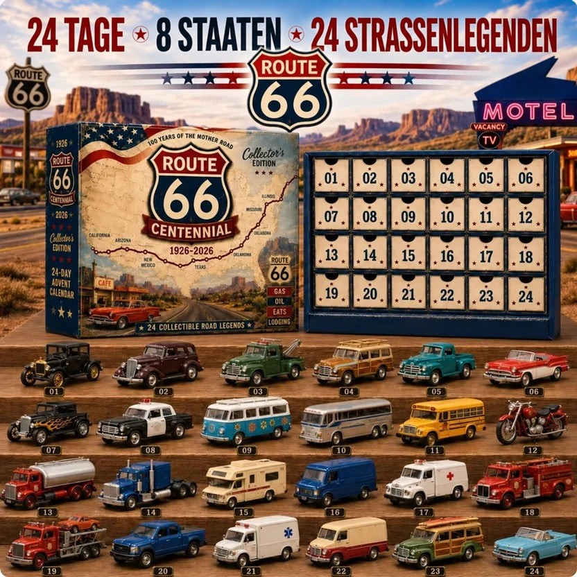 Adventskalender mit 24 klassischen Miniaturautos und Motorrädern