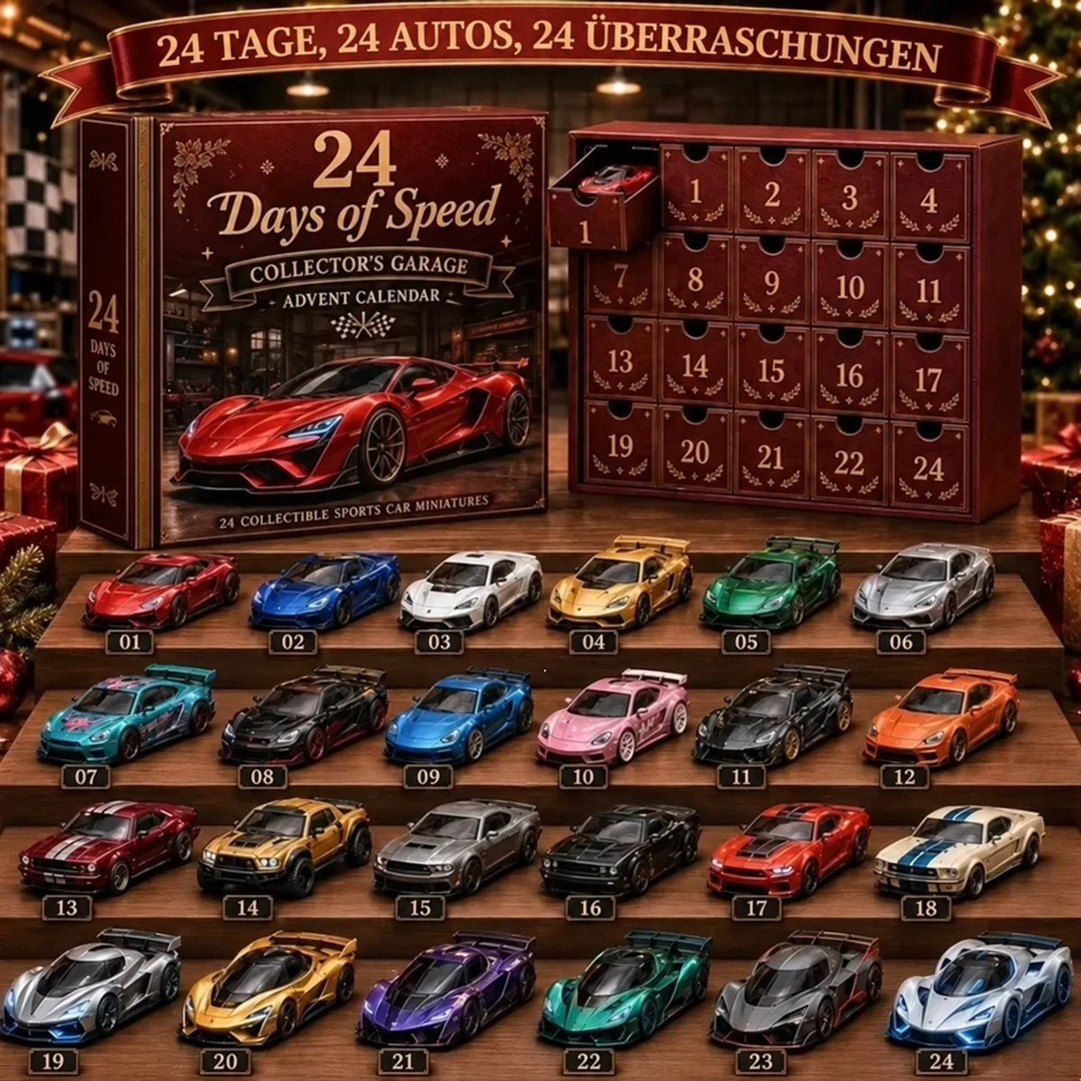 Adventskalender mit 24 klassischen Miniaturautos und Motorrädern