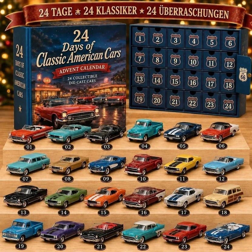Adventskalender mit 24 klassischen Miniaturautos und Motorrädern