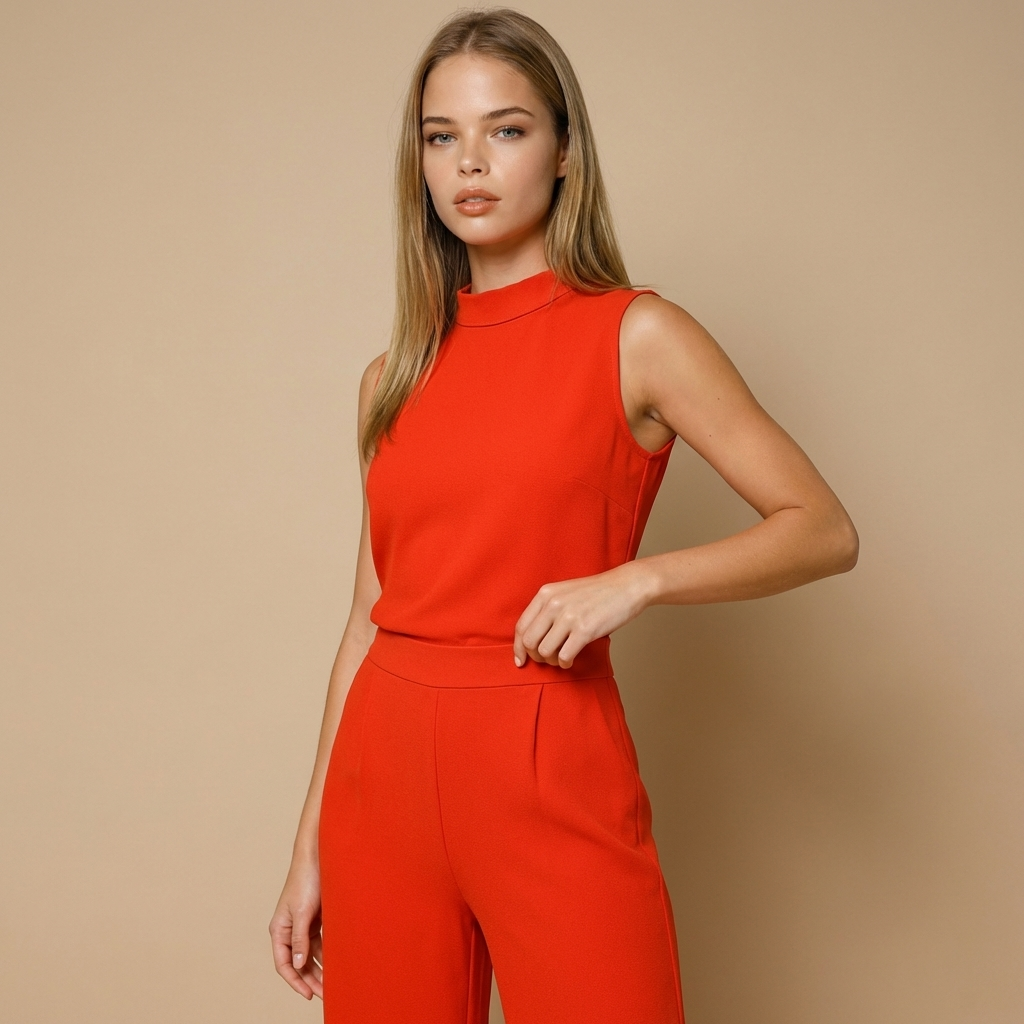 Damen Jumpsuit Ärmellos Regular Fit Freizeit Weites Bein Stehkragen