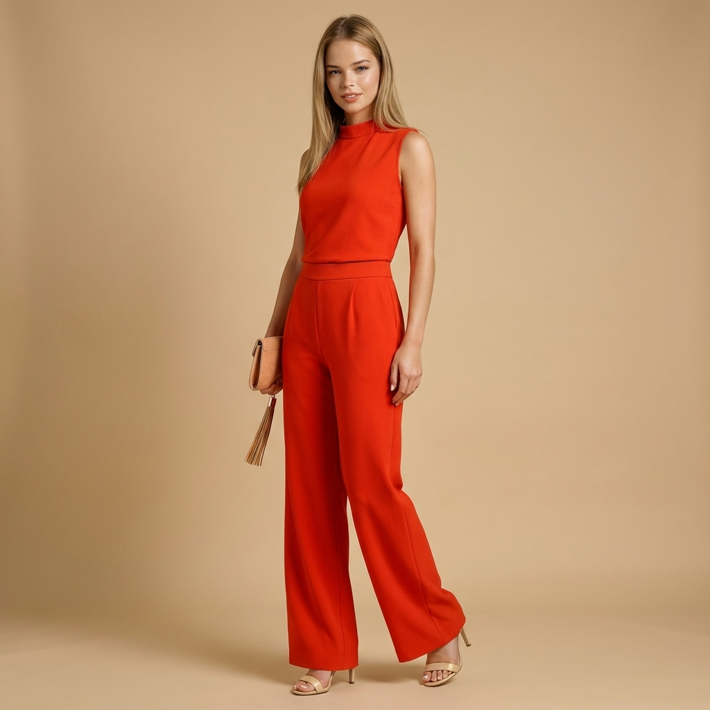 Damen Jumpsuit Ärmellos Regular Fit Freizeit Weites Bein Stehkragen