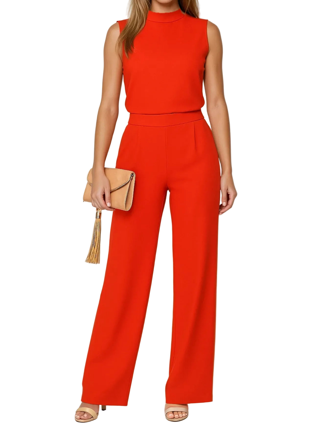 Damen Jumpsuit Ärmellos Regular Fit Freizeit Weites Bein Stehkragen