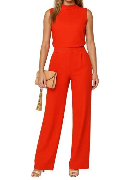 Damen Jumpsuit Ärmellos Regular Fit Freizeit Weites Bein Stehkragen