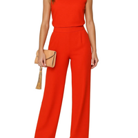 Damen Jumpsuit Ärmellos Regular Fit Freizeit Weites Bein Stehkragen
