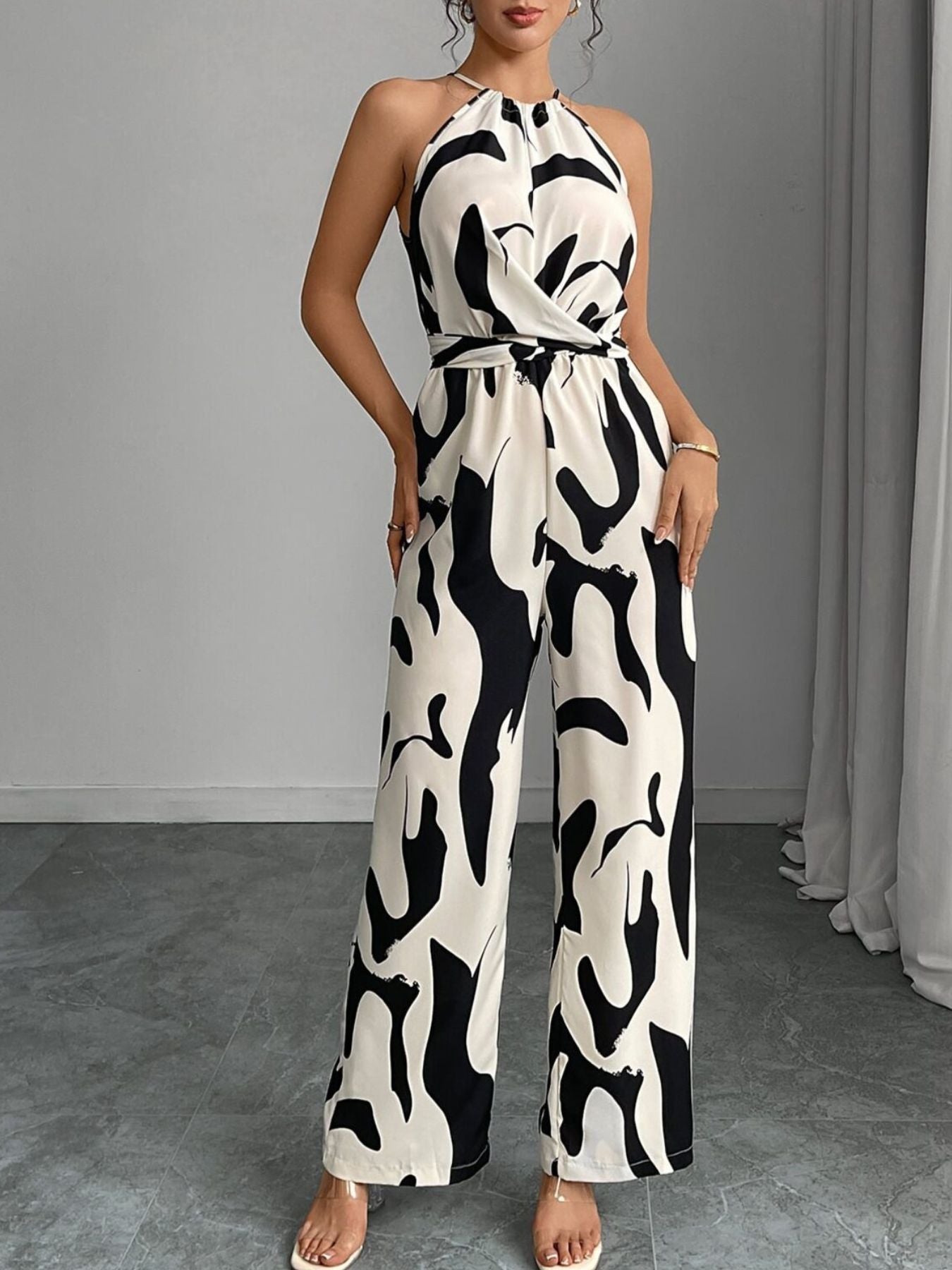 Damen Jumpsuit Slim Fit Freizeit Neckholder abstrakter Print weit
