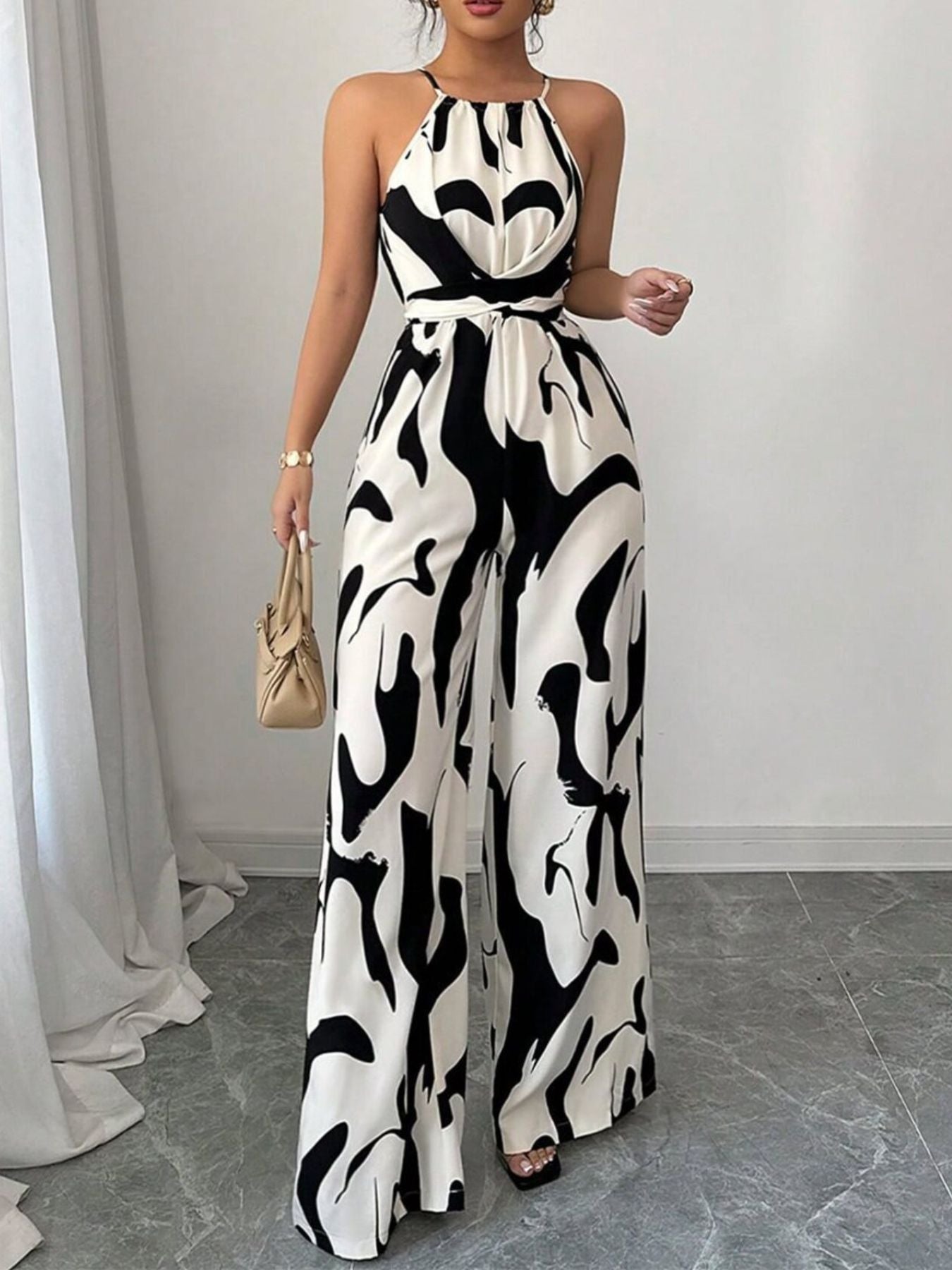 Damen Jumpsuit Slim Fit Freizeit Neckholder abstrakter Print weit