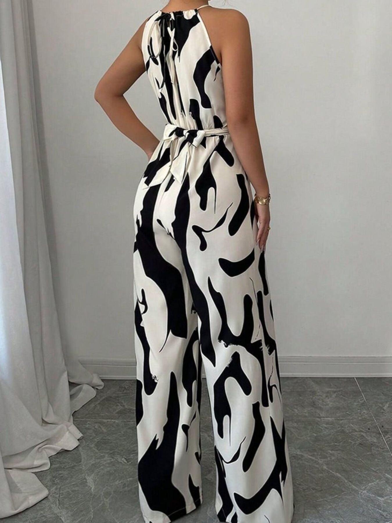 Damen Jumpsuit Slim Fit Freizeit Neckholder abstrakter Print weit