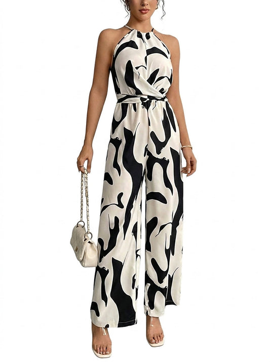 Damen Jumpsuit Slim Fit Freizeit Neckholder abstrakter Print weit