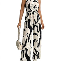 Damen Jumpsuit Slim Fit Freizeit Neckholder abstrakter Print weit