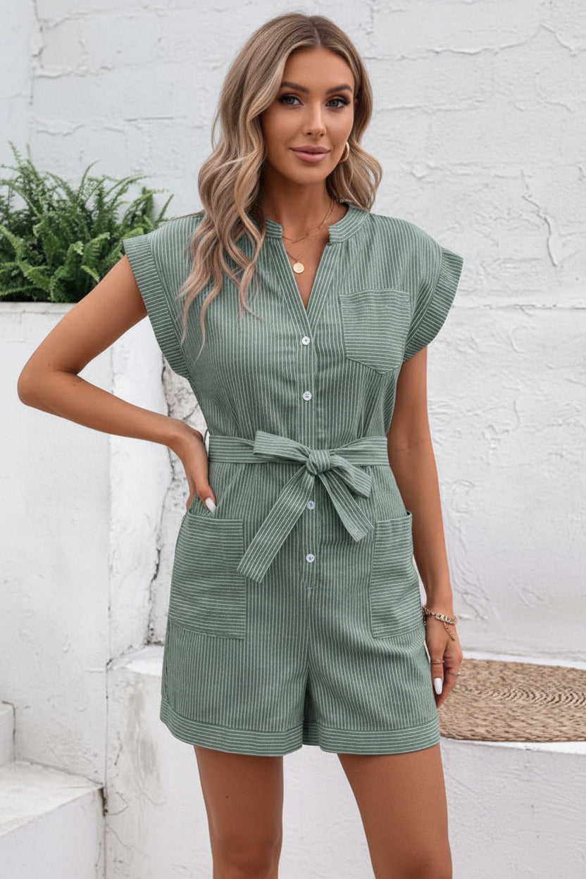 Damen Jumpsuit Kurz Regular Fit Freizeit mit Knopfleiste und Taillenband