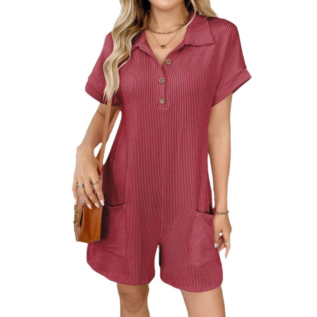 Damen Jumpsuit Kurz Regular Fit Freizeit mit Knopfleiste und Taillenband