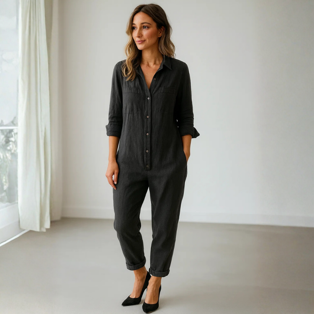 Damen Jumpsuit Regular Fit Casual mit Knopfleiste und Brusttaschen