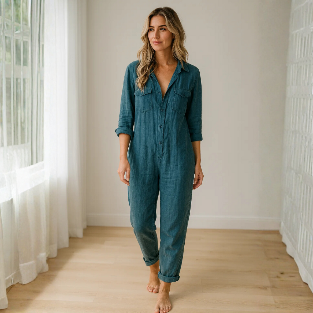 Damen Jumpsuit Regular Fit Casual mit Knopfleiste und Brusttaschen