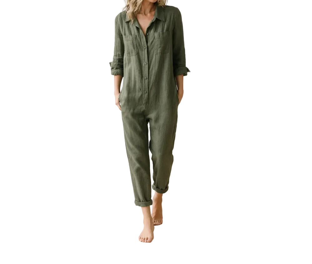 Damen Jumpsuit Regular Fit Casual mit Knopfleiste und Brusttaschen