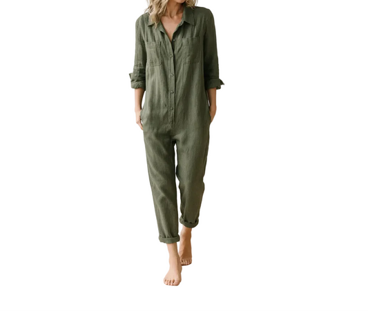 Damen Jumpsuit Regular Fit Casual mit Knopfleiste und Brusttaschen