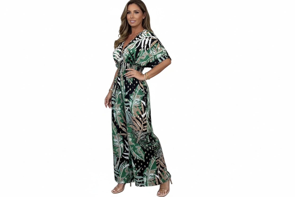 Damen Jumpsuit Regular Fit Freizeit mit botanischem Print und weitem Bein