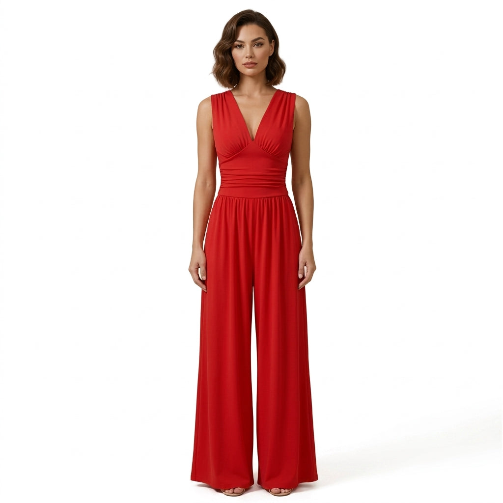 Damen Jumpsuit Ärmellos V-Ausschnitt Weites Bein Freizeit